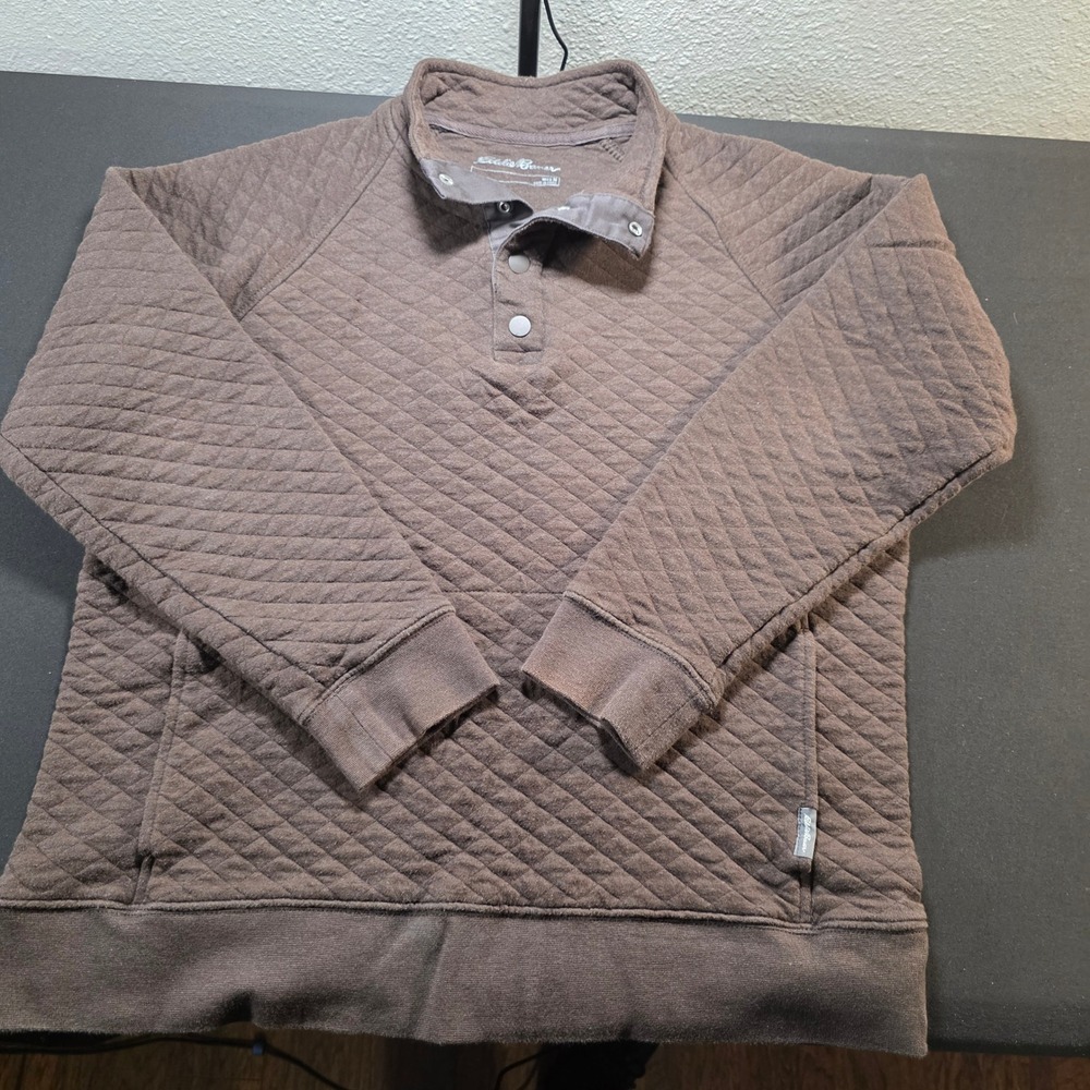 Eddie Bauer Men SZ M Brown Quilted Snap Neck Pullover Sweatshirt Kangaroo Pocket